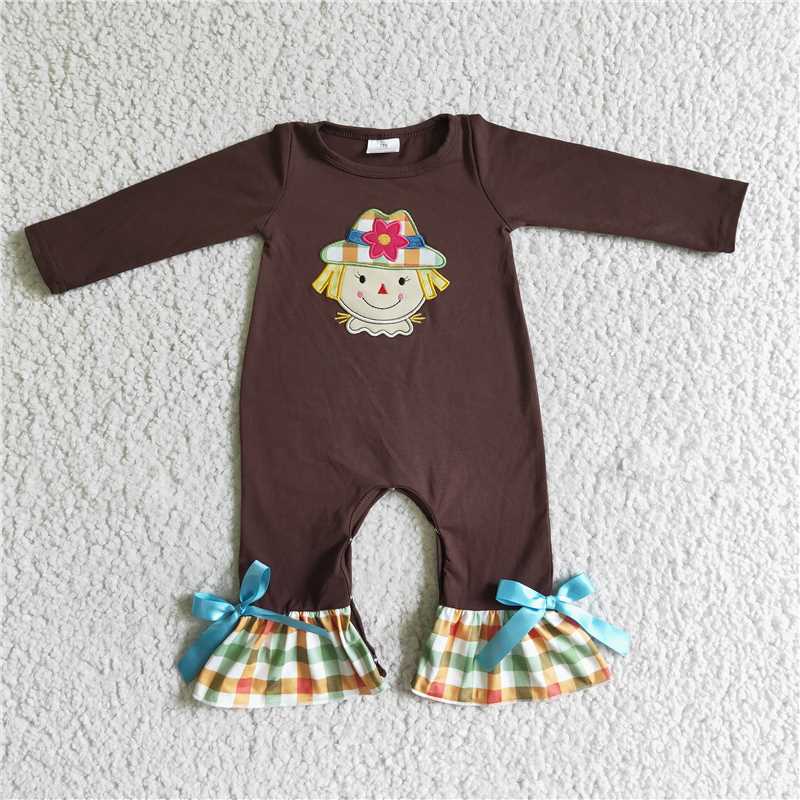 LR0035Scarecrow embroidery brown plaid baby Thanksgiving romper