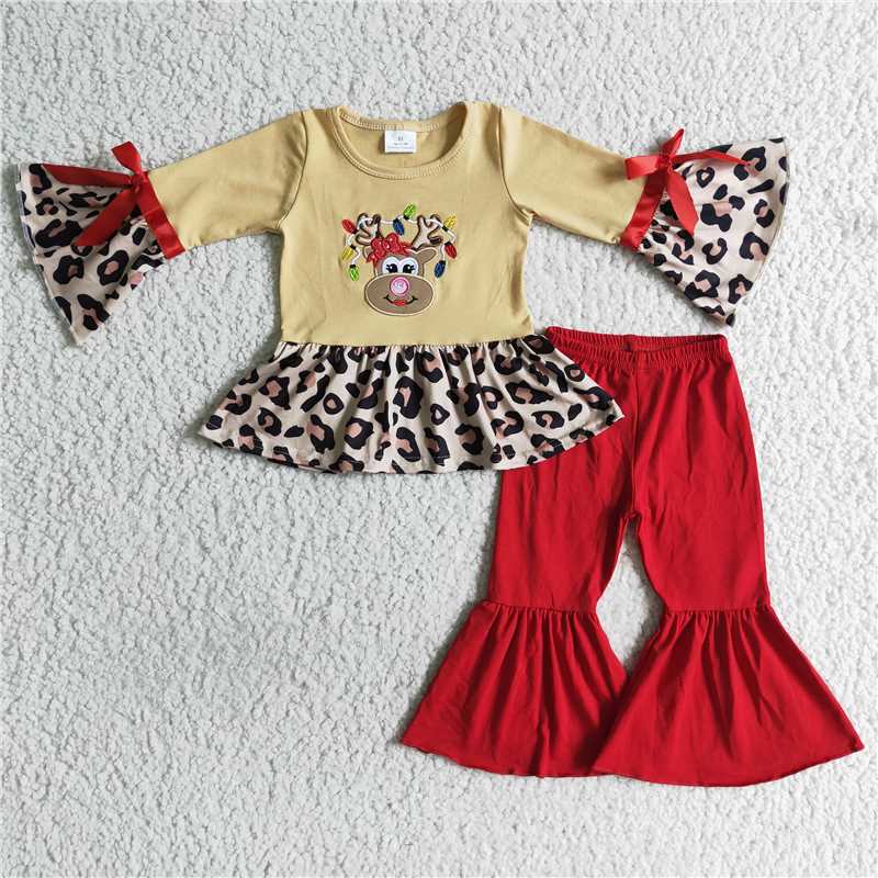 GLP0011 Girls Christmas embroidered leopard print deer long sleeve trousers suit