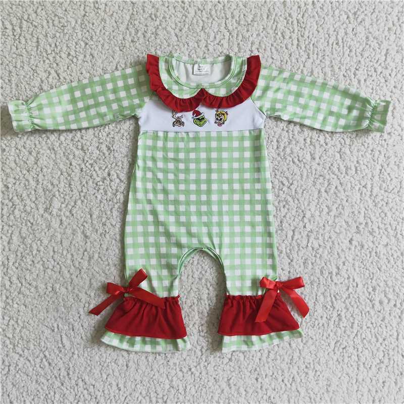 LR0018Red cotton green face embroidery baby girls Christmas romper