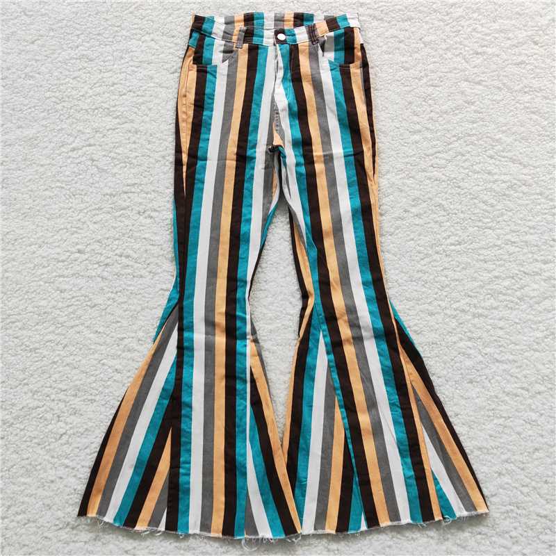 P0009 Mommy and Me Adult Baby Girls Green Grey Stripes Denim Bell Flare Pants Jeans
