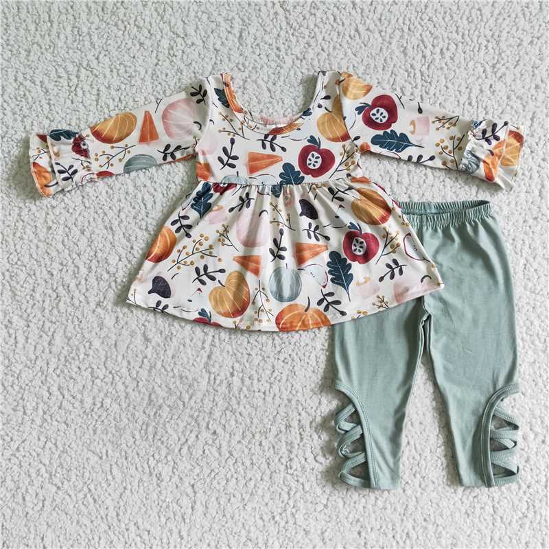GLP0113Pumpkin print tunic criss cross leggings girls fall clothes