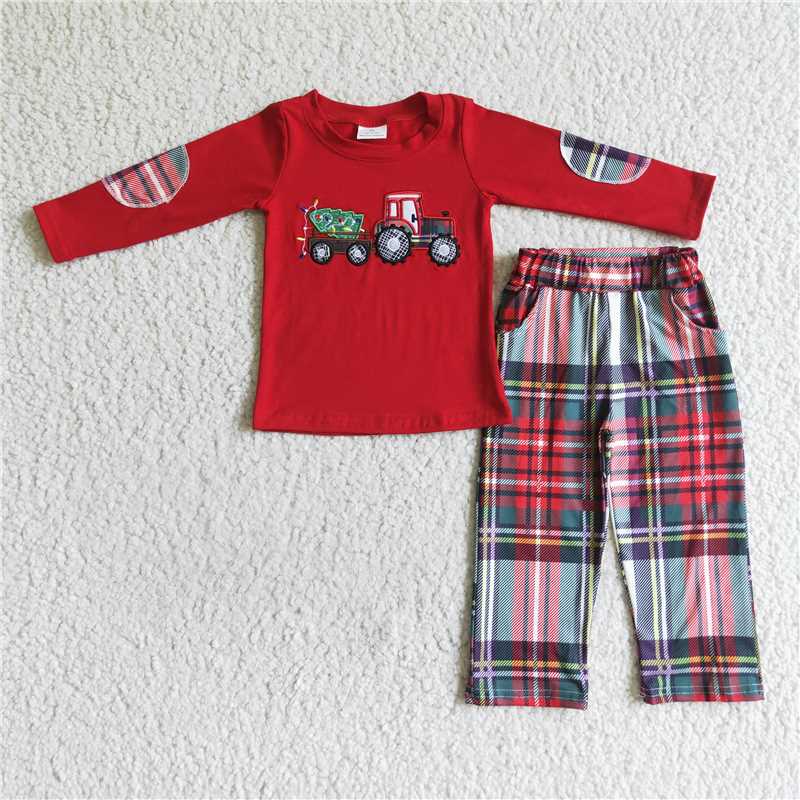 BLP0013Christmas tree tractor embroidery boy clothing set
