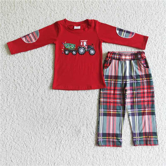 BLP0013Christmas tree tractor embroidery boy clothing set