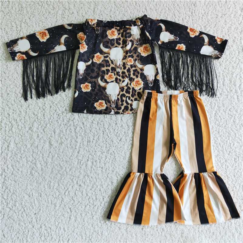 GLP0169Skull cow leopard floral tassels shirt stripe pants kids girls clothes