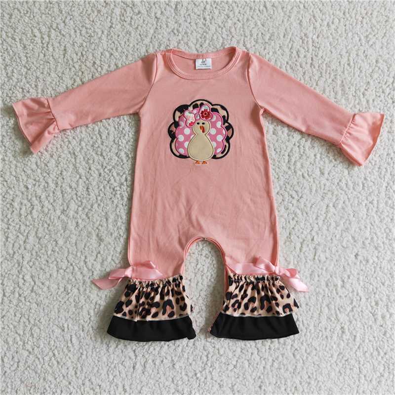 LR0112Pink turkey embroidery leopard ruffle baby Thanksgiving romper