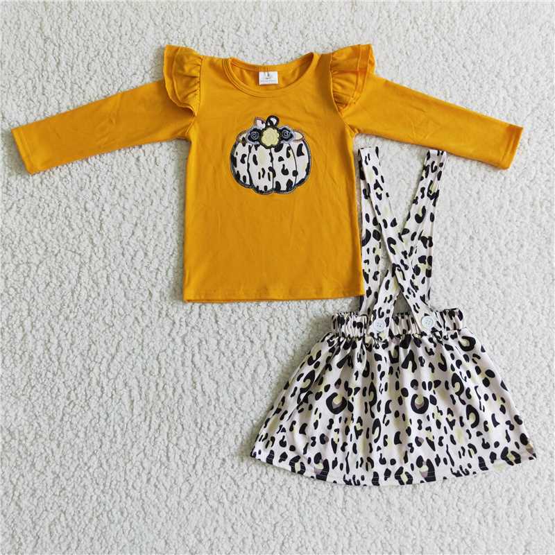 GLD0008Cotton pumpkin shirt leopard suspender skirt girls fall clothes