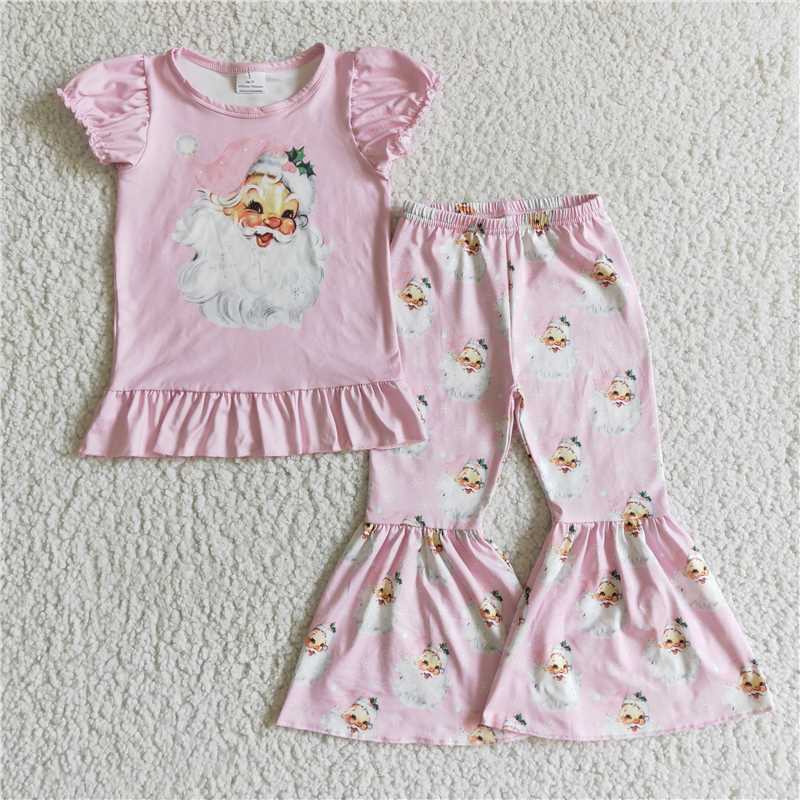 11.14 RTS NO MOQ (In stock)GSPO0202 Baby girls pink santa Christmas bell pants clothes sets
