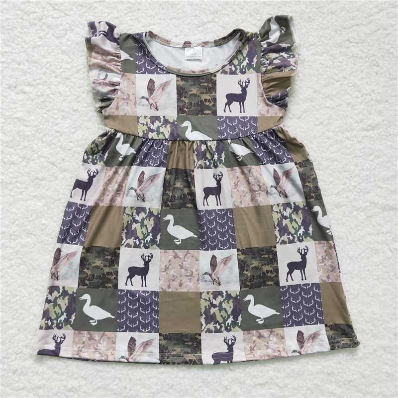 GSD0152 Girls' duck fawn green plaid flying sleeve dress