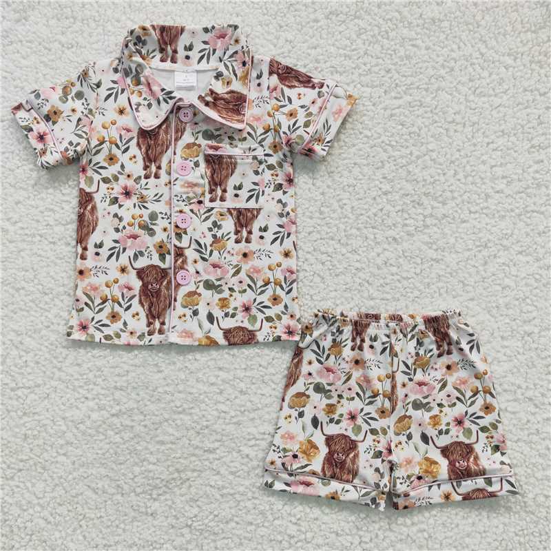 GSSO0176Highland cow floral short sleeves shirt shorts girls summer pajamas