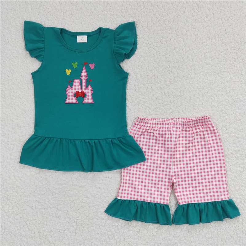 GSSO0151Castle embroidery plaid shorts girls summer clothes