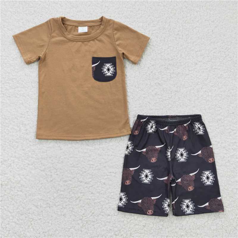 BSSO0148 Sales New RTS No Moq Promotion Baby Boys Highland Cow Tee Shirts Shorts Sets