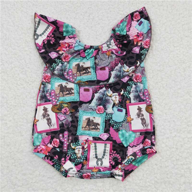 SR0219 Baby Girls Off Shoulder Ruffle Western Rompers
