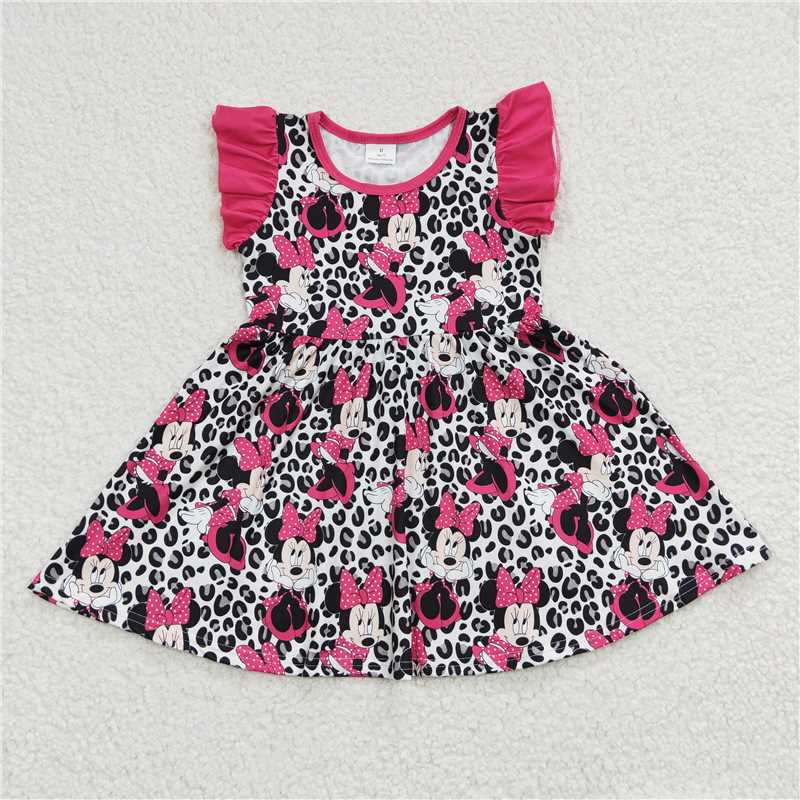 GSD0214 Girls Mickey black leopard print flying sleeve dress