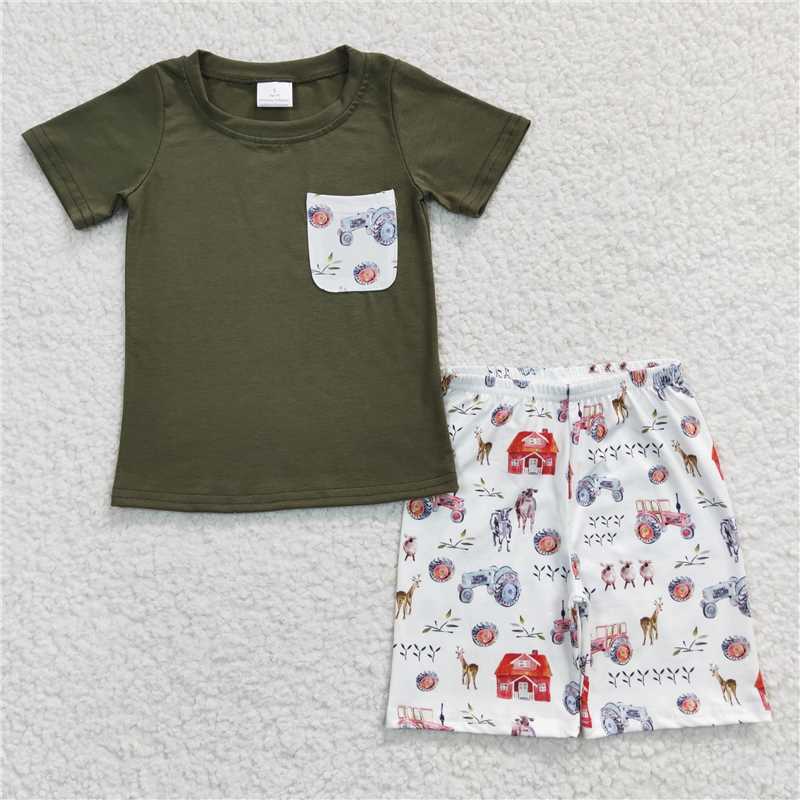 BSSO0131 Sales New RTS No Moq Promotion Baby Boys Farm Green Top Pocket Summer Shorts Clothes Sets