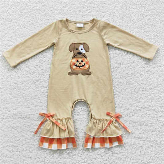 USA Shop (in stock)LR0290Dog pumpkin baby girls ruffle Halloween romper