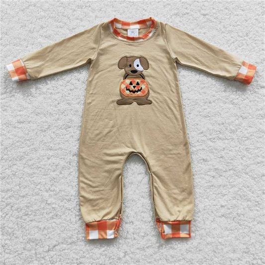 USA Shop (in stock)LR0291 Boys Embroidered Puppy Jack-O-Lantern Plaid Beige Halloween Long Sleeve Jumpsuit