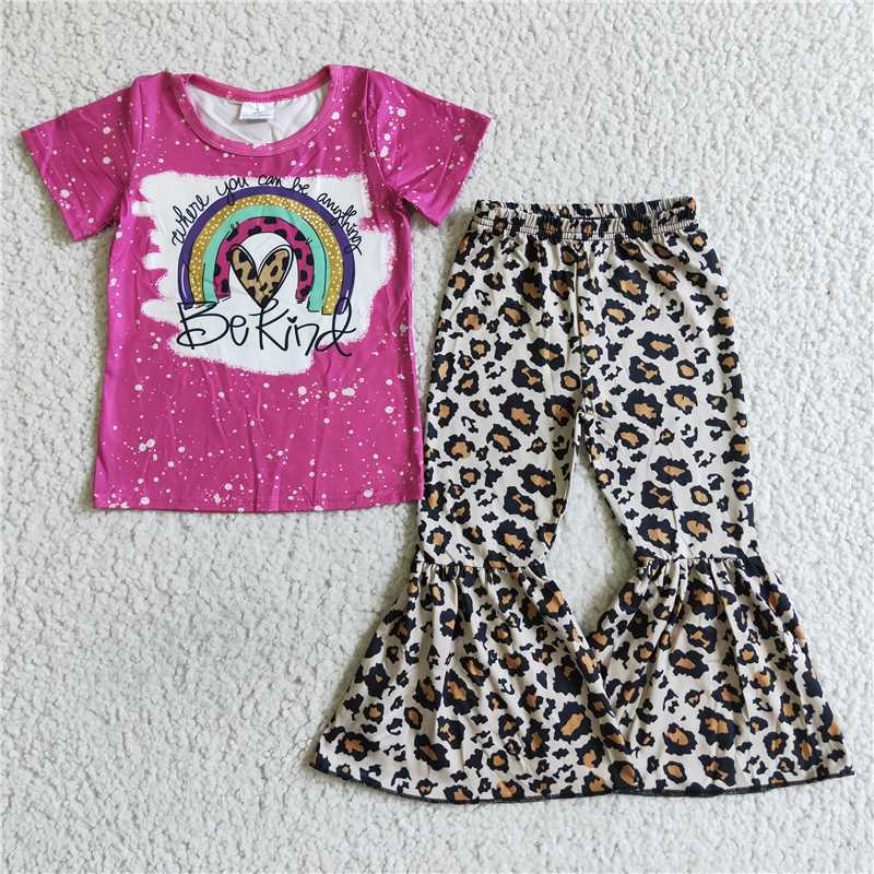 B15-23 Baby Girls be kind rainbow leopard bell pants sets