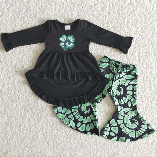 6 A30-27 Girls Offset Four Leaf Clover Black Top Round Flared Pants