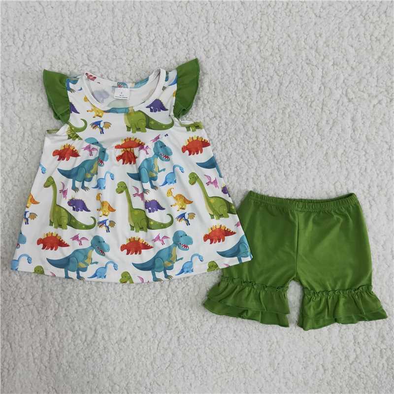 Green dinosaur ruffles shorts set