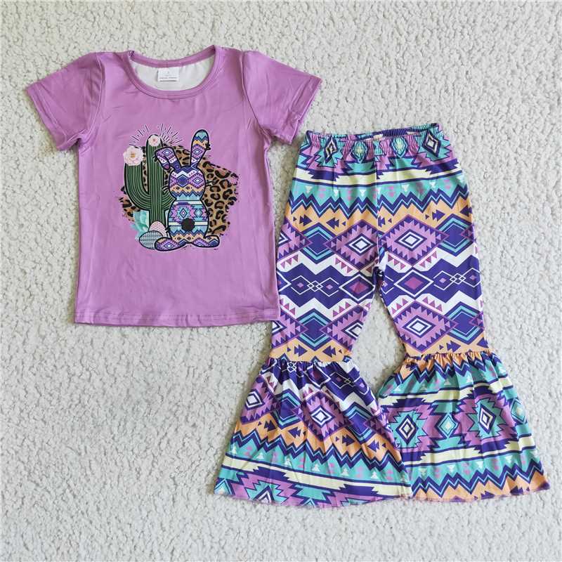 B5-24 Girls Purple Cactus Bunny Diamond Pattern Pants Suit