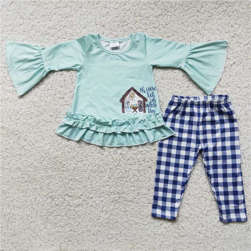 6 C10-27Nativity print shirt blue plaid leggings Christmas outfits