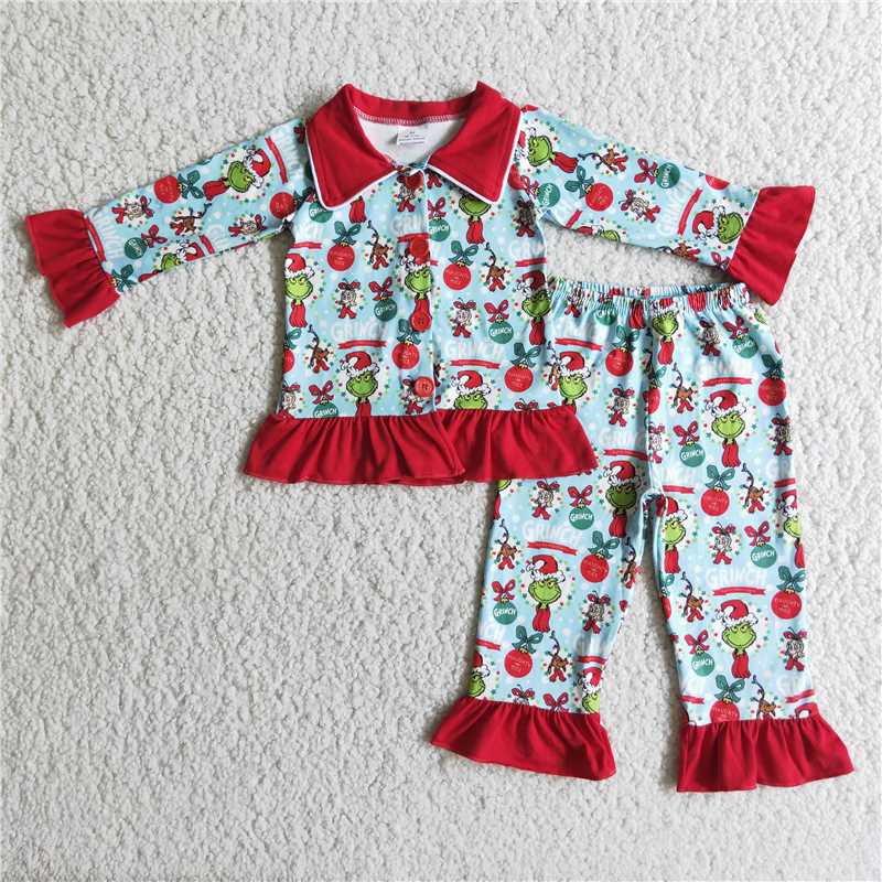 6 B3-24 Grinch Girls Red Lace Long Sleeve Long Pants Pajama Set