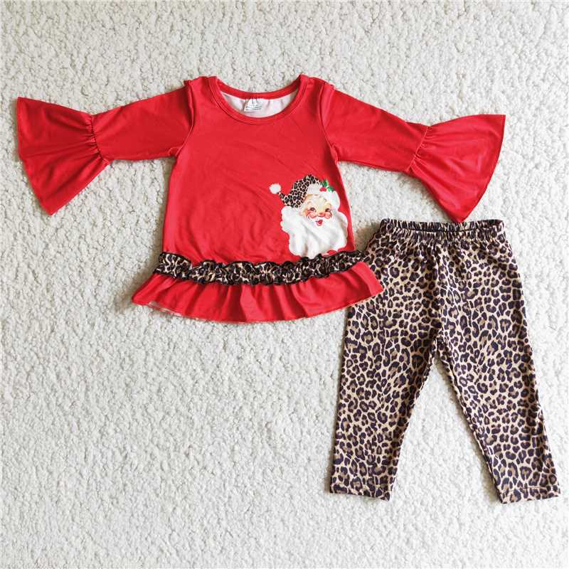 6 B3-19 Santa Claus red long-sleeved top and leopard print trousers set