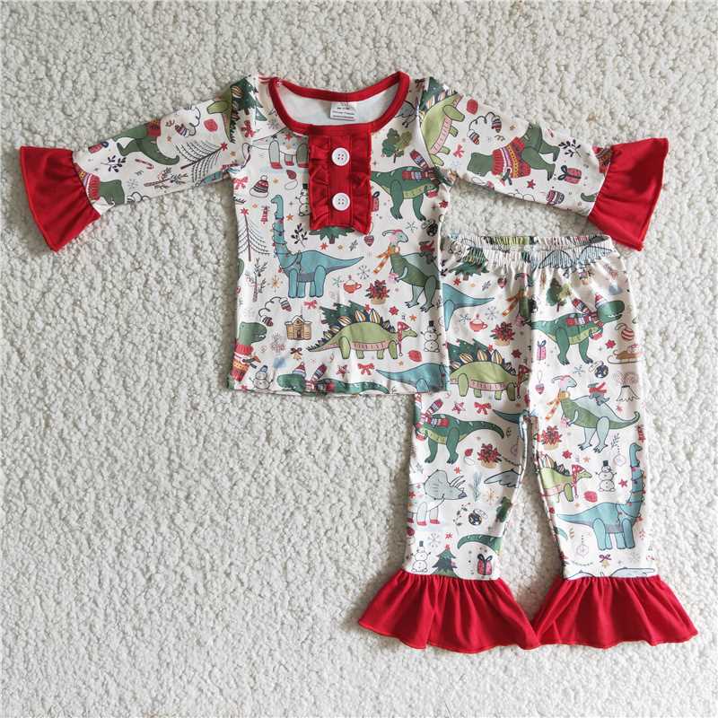 6 A4-30 Girls Button Dinosaur Pajama Set