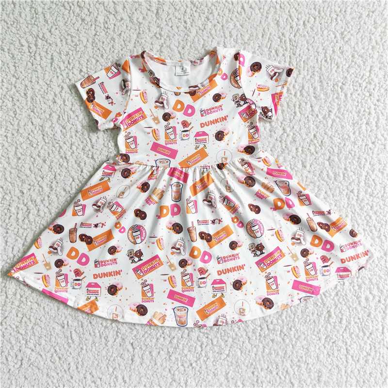 D2-16 Donut print short sleeve girls twirl dresses