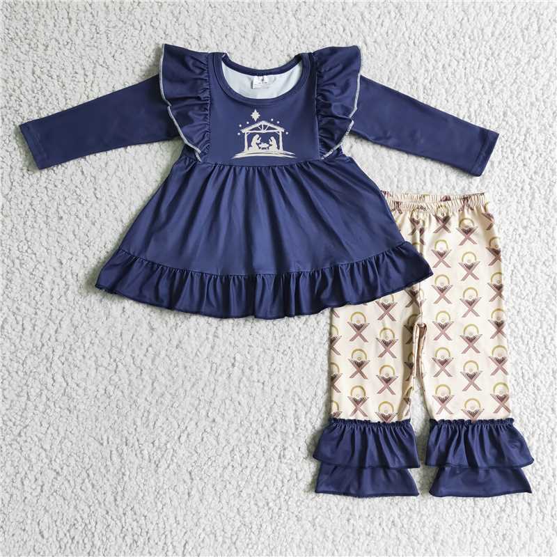 6 B11-25Nativity print navy tunic ruffle pants girls Christmas outfits