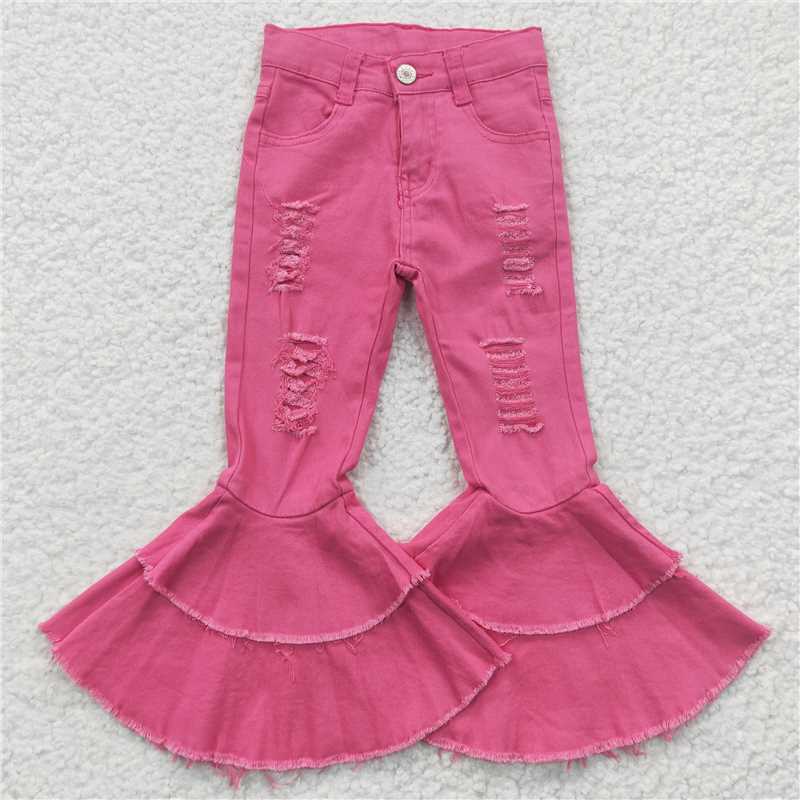 D14-14 Baby girls hotpink distressed denim double ruffle Valentines Flare bell pants