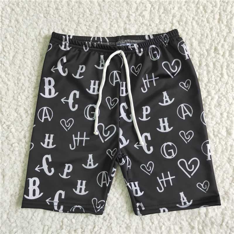 SS0003 Black lettering drawstring swim trunks