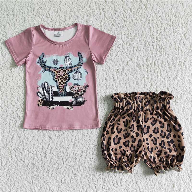 GSSO0089Leopard bull skull shirt shorts girls western summer outfits
