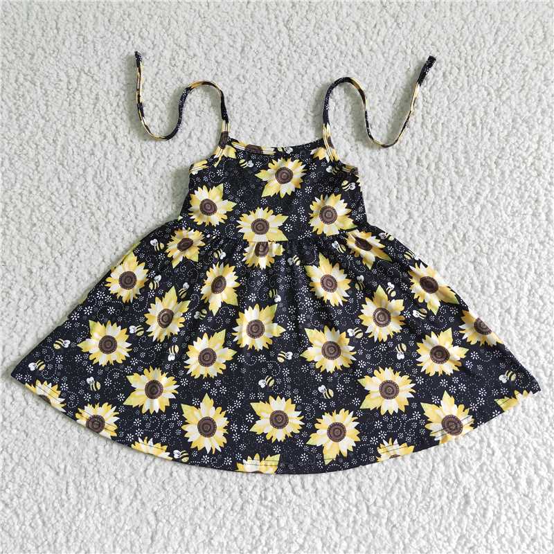 GSD0036 Girls' black sunflower dress with laces