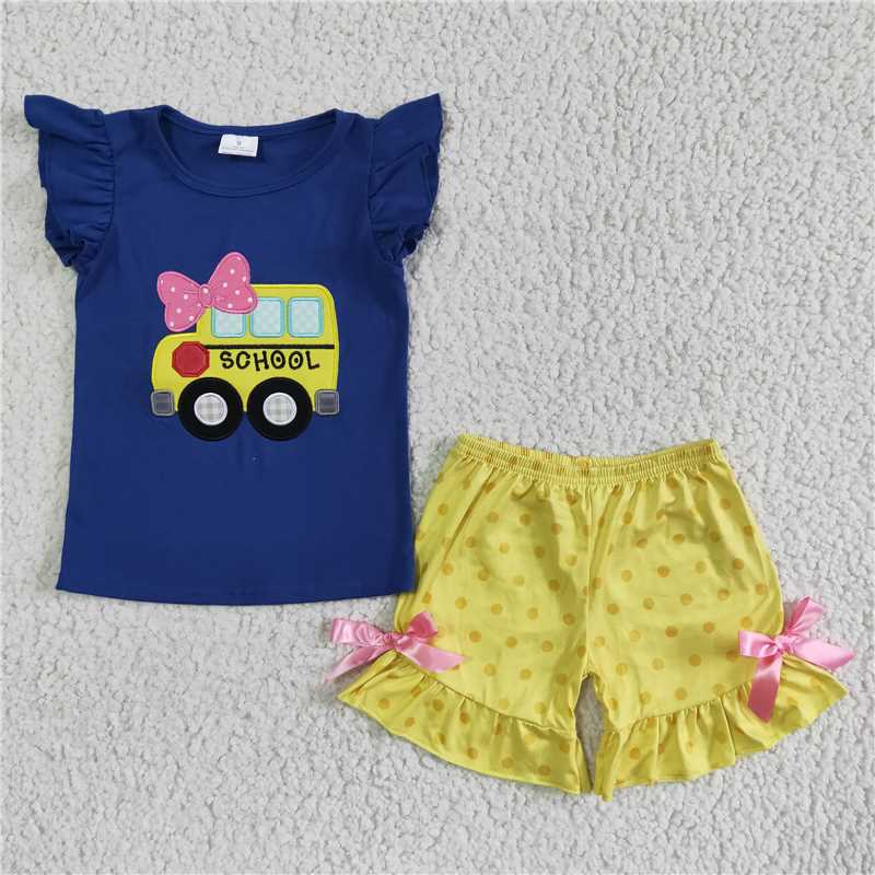 GSSO0091School bus applique kids girls back to school outfits