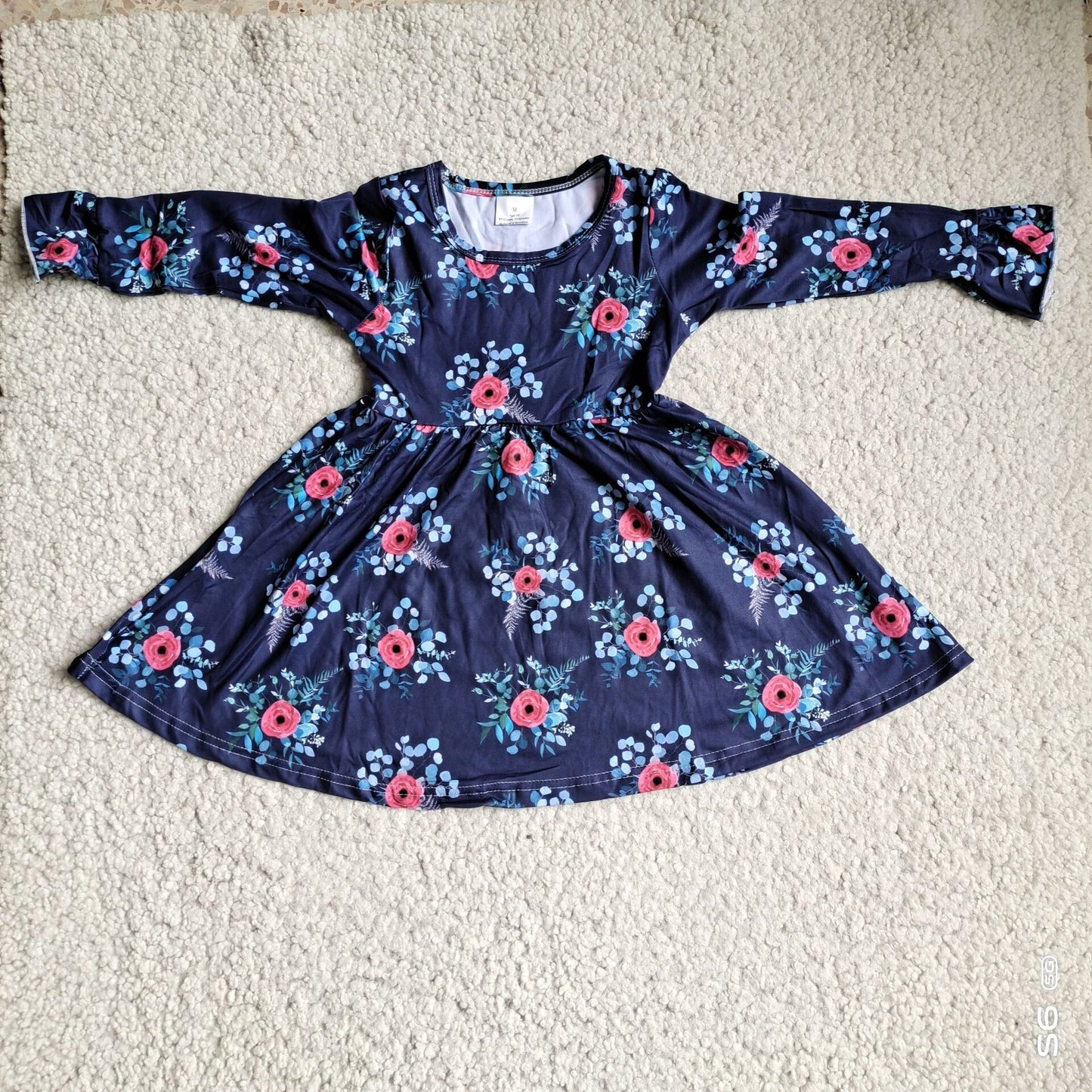 9.25 RTS NO MOQ(In stock)G3-12-2'. Baby Girls Winter Dress Pink floral and blue leaf long-sleeved dress