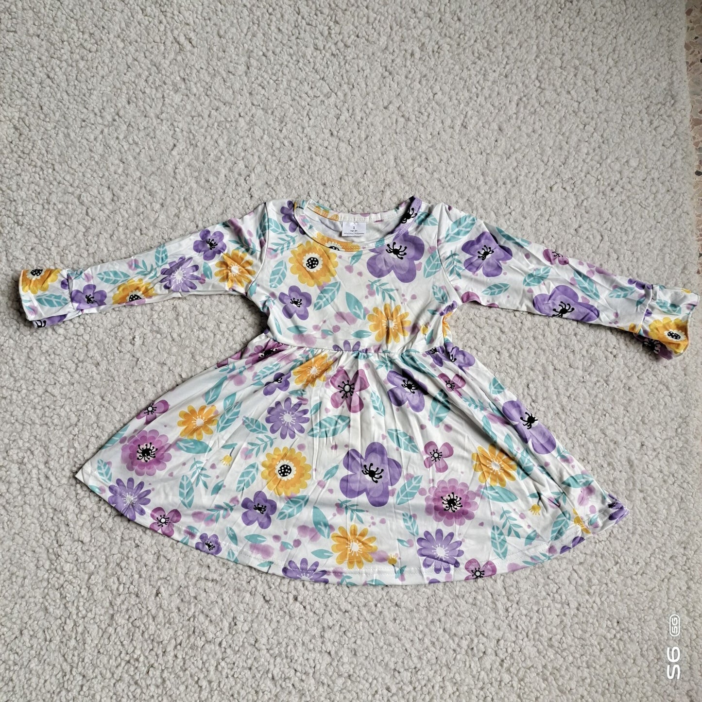 10.4 RTS NO MOQ(In stock)G3-12-2,, Baby Girls Winter Dress Yellow purple flower leaf long sleeve dress