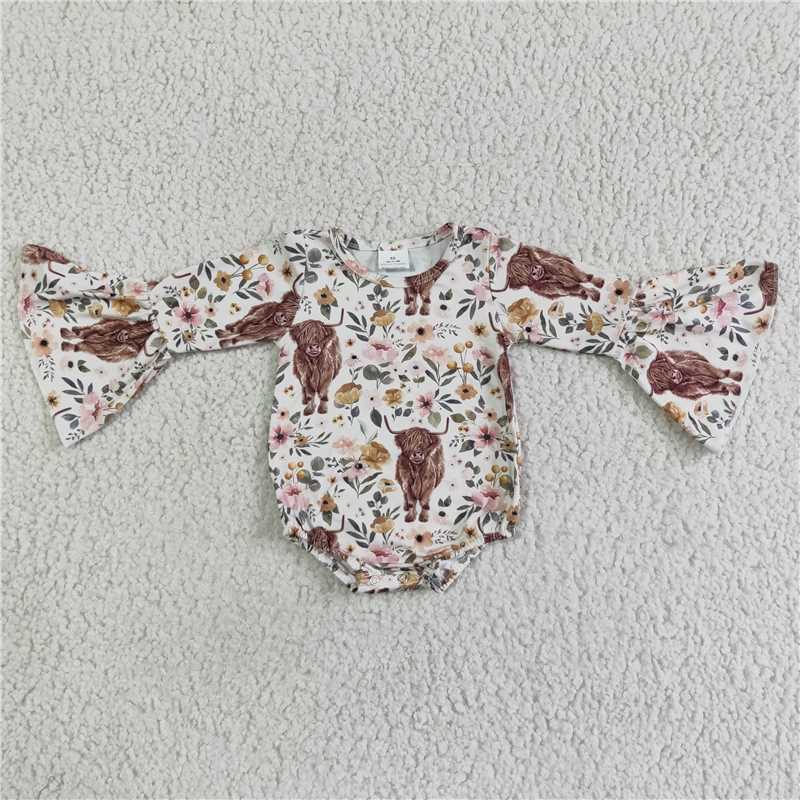 LR0005Highland cow long sleeve baby girls romper