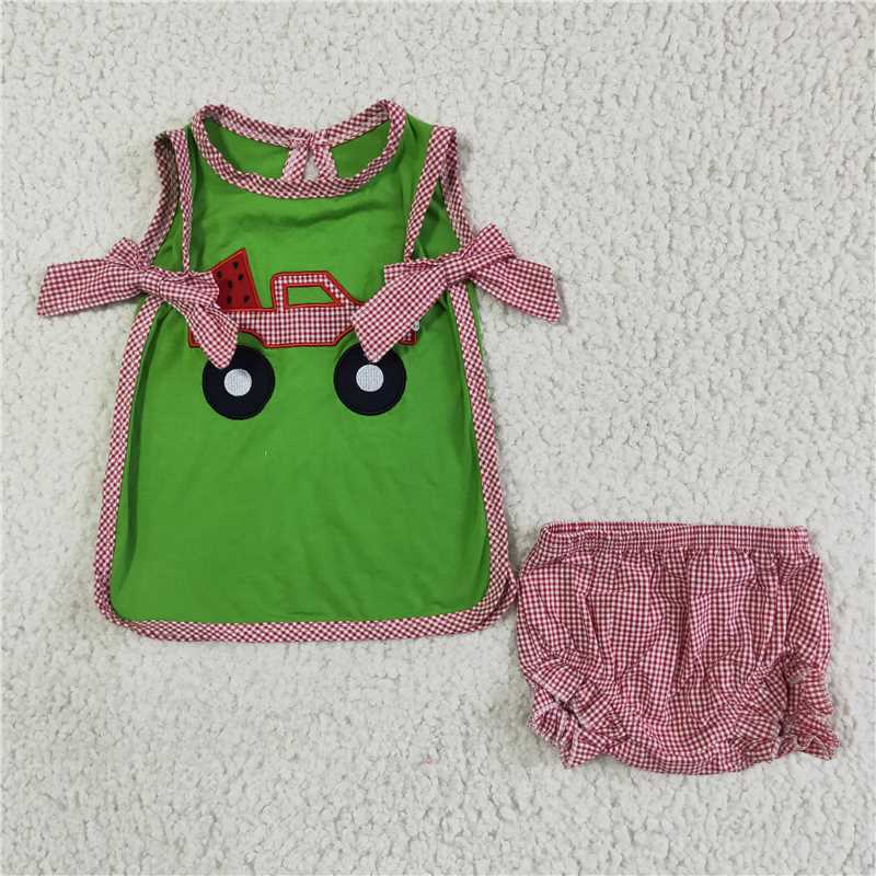 GBO0048 Baby girls watermelon tractor bummie summer sets