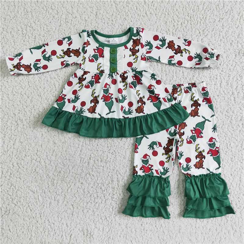 GLP0041 Girls grinch green lace long-sleeved trousers set
