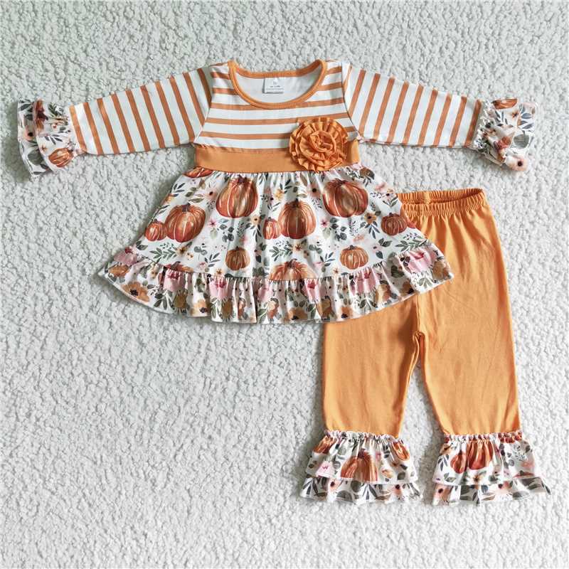 GLP0018Pumpkin floral tunic ruffle pants girls fall outfits