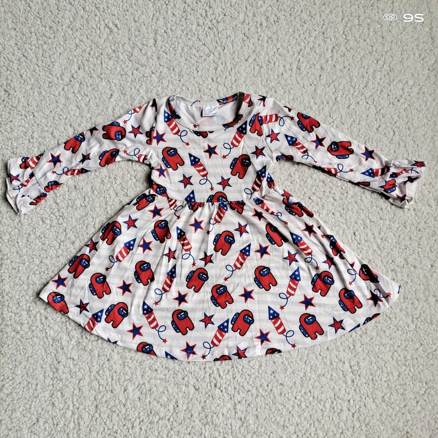 10.2 RTS NO MOQ(In stock)G4-12-5, Baby Girls Winter Dress Flag Star Little Robot Long Sleeve Dress