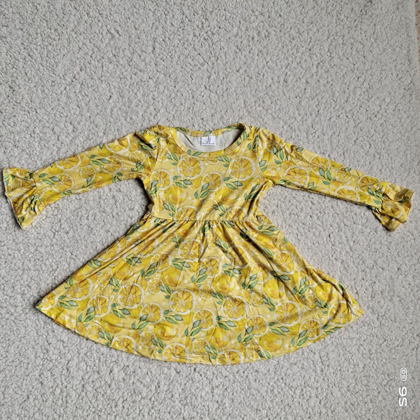 10.2 RTS NO MOQ(In stock)G4-12-6. Baby Girls Winter Dress Lemon Green Leaf Flared Long Sleeve Dress