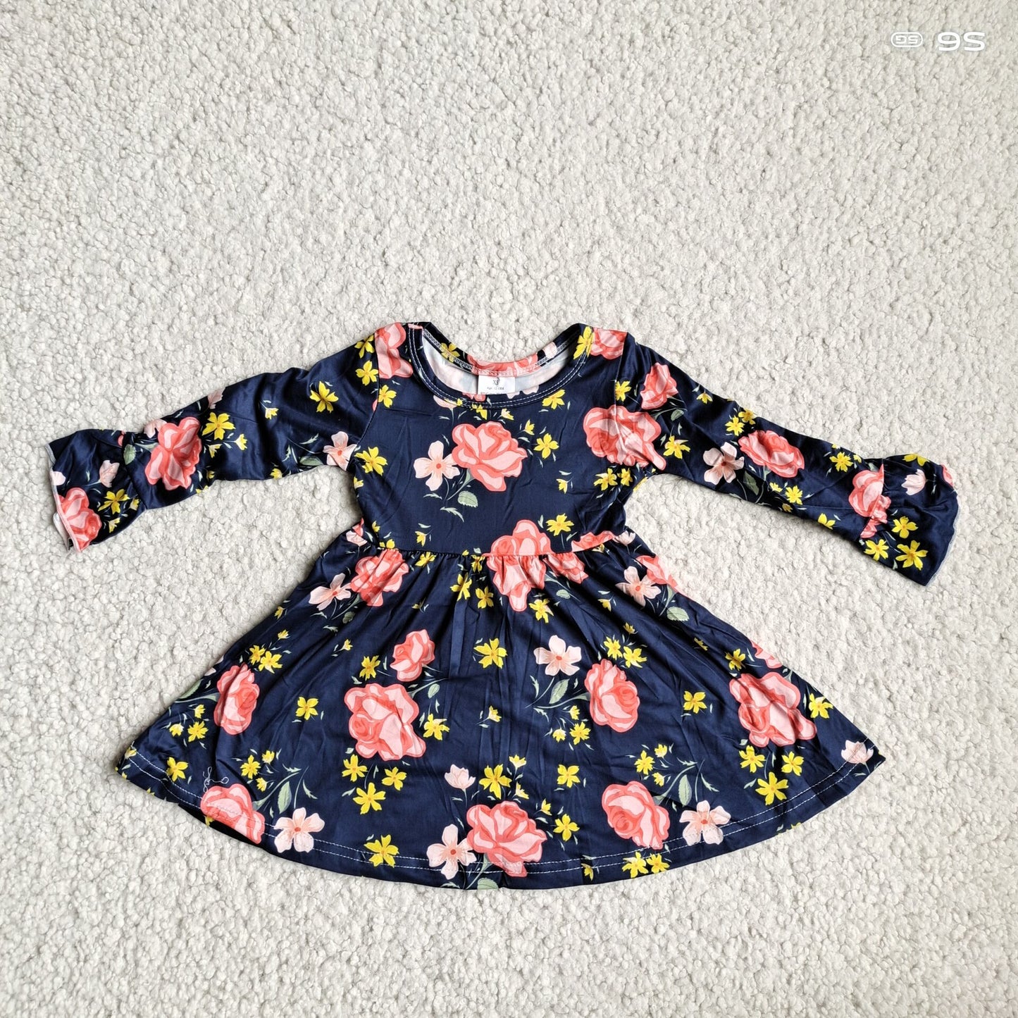 10.2 RTS NO MOQ(In stock)G4-12-6.'* Baby Girls Winter Dress Orange flower black and blue long-sleeved dress