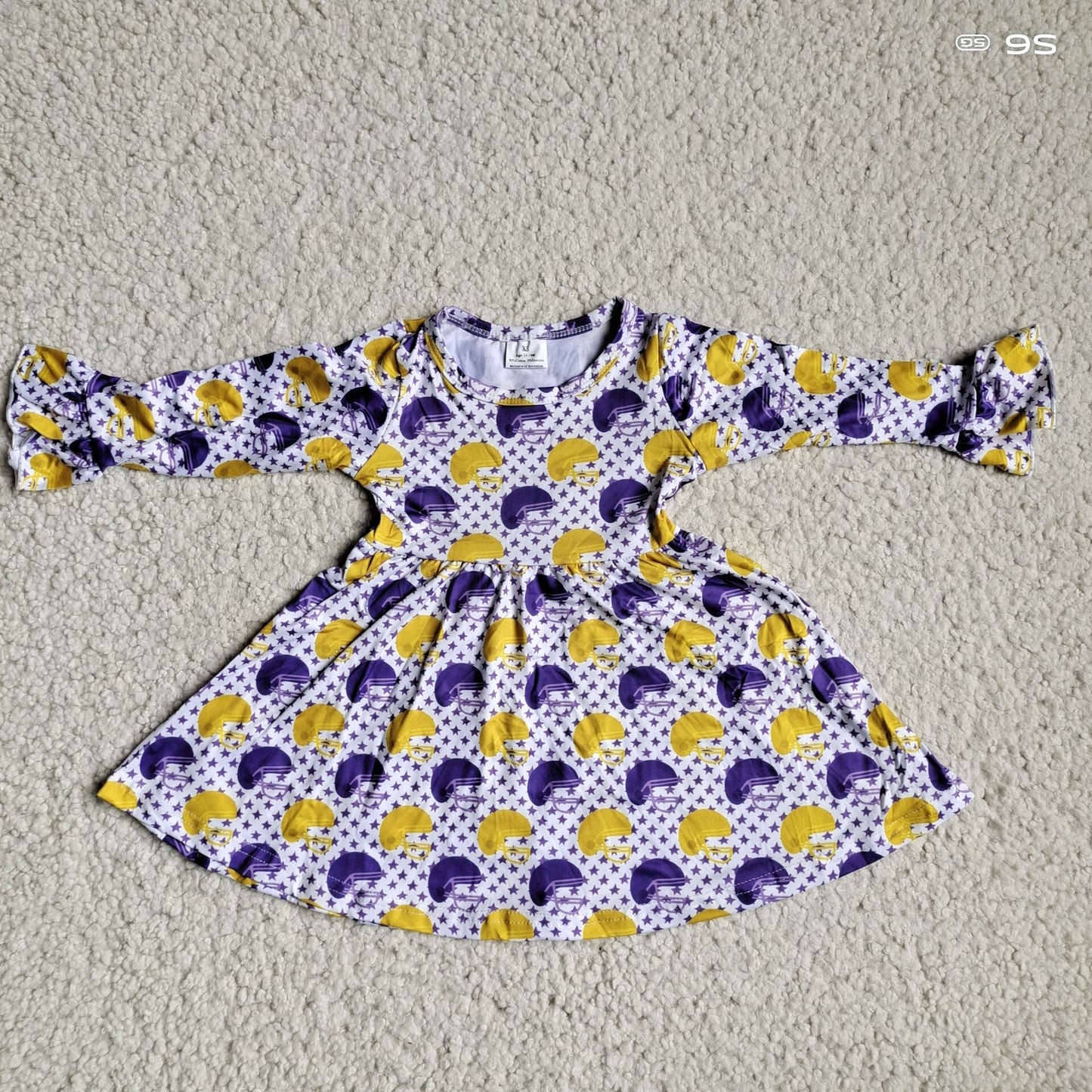 9.27 RTS NO MOQ(In stock)G4-12-7- Baby Girls Winter Dress Purple and yellow ice hockey cap and star-studded long-sleeved dress