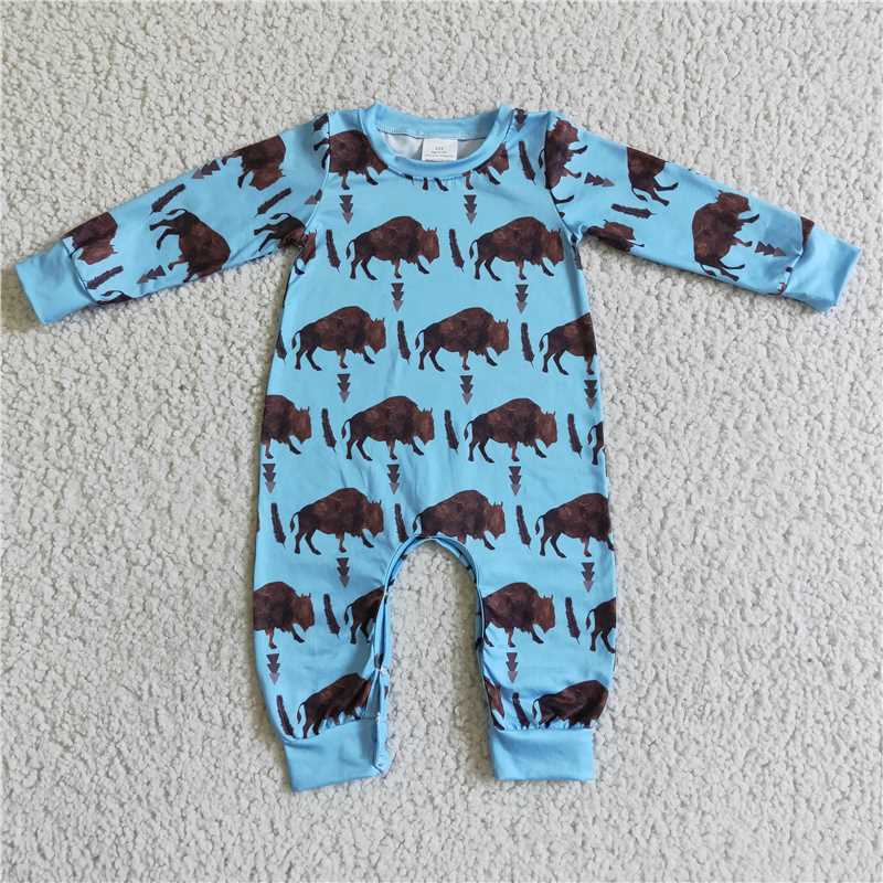 LR0057Blue cows long sleeve brown kids boy romper