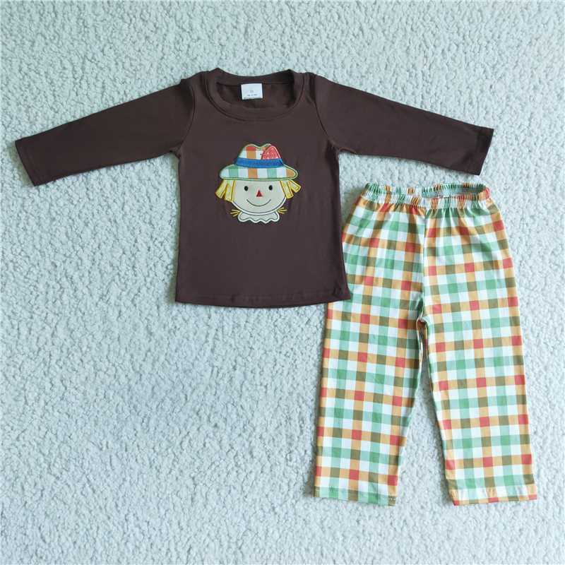 BLP0012Brown scarecrow embroidery shirt plaid pants boy fall clothes