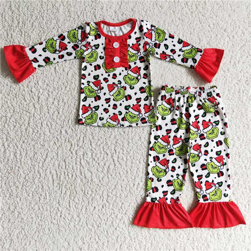 12.11 RTS NO MOQ (In stock)GLP0214 baby Girls christmas cartoon ruffle pajamas pants sets