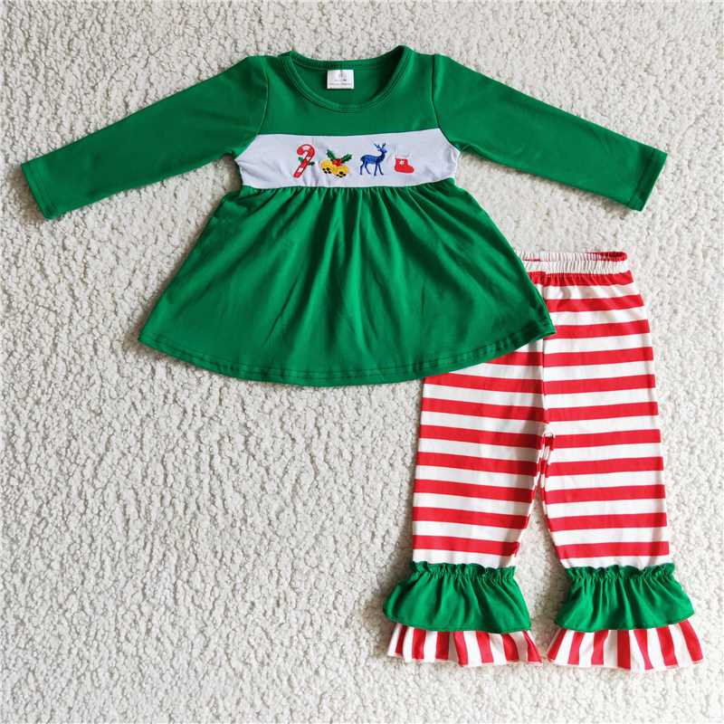 GLP0166 Girls Embroidered Christmas Deer Bell Long Sleeve Pants Set