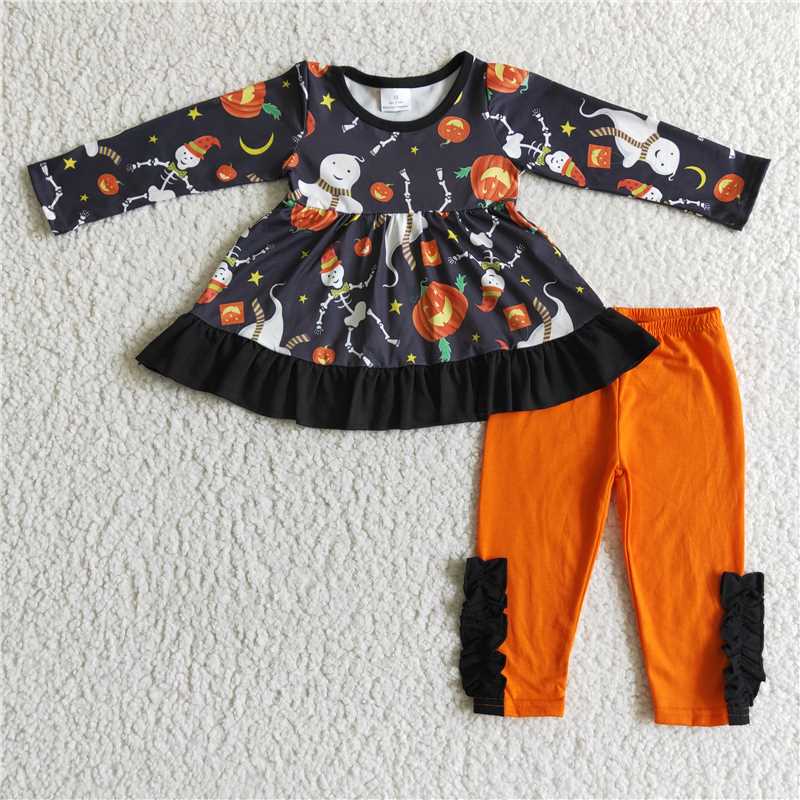 GLP0092Skull ghost pumpkin tunic leggings kids girls Halloween clothing